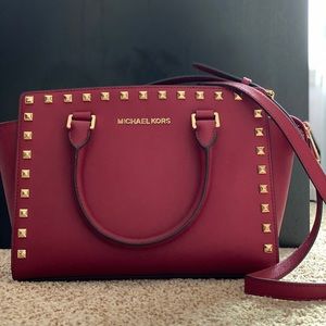 Michael Kors Selma Saffiano Gold Stud Satchel -RED
